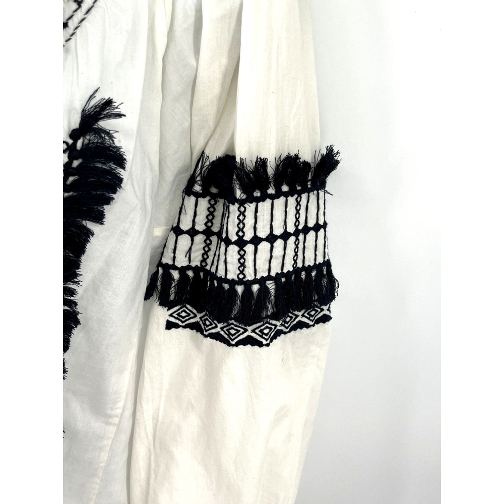 Figue Embroidered Peasant Blouse Womens Medium White Black Boho Tassel Top India - Picture 8 of 13